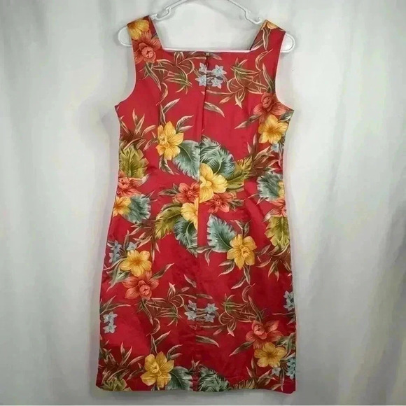 Caribbean Joe Tropical Print Cotton/Spandex blend Salmon Dress Size M Petite - Picture 2 of 6